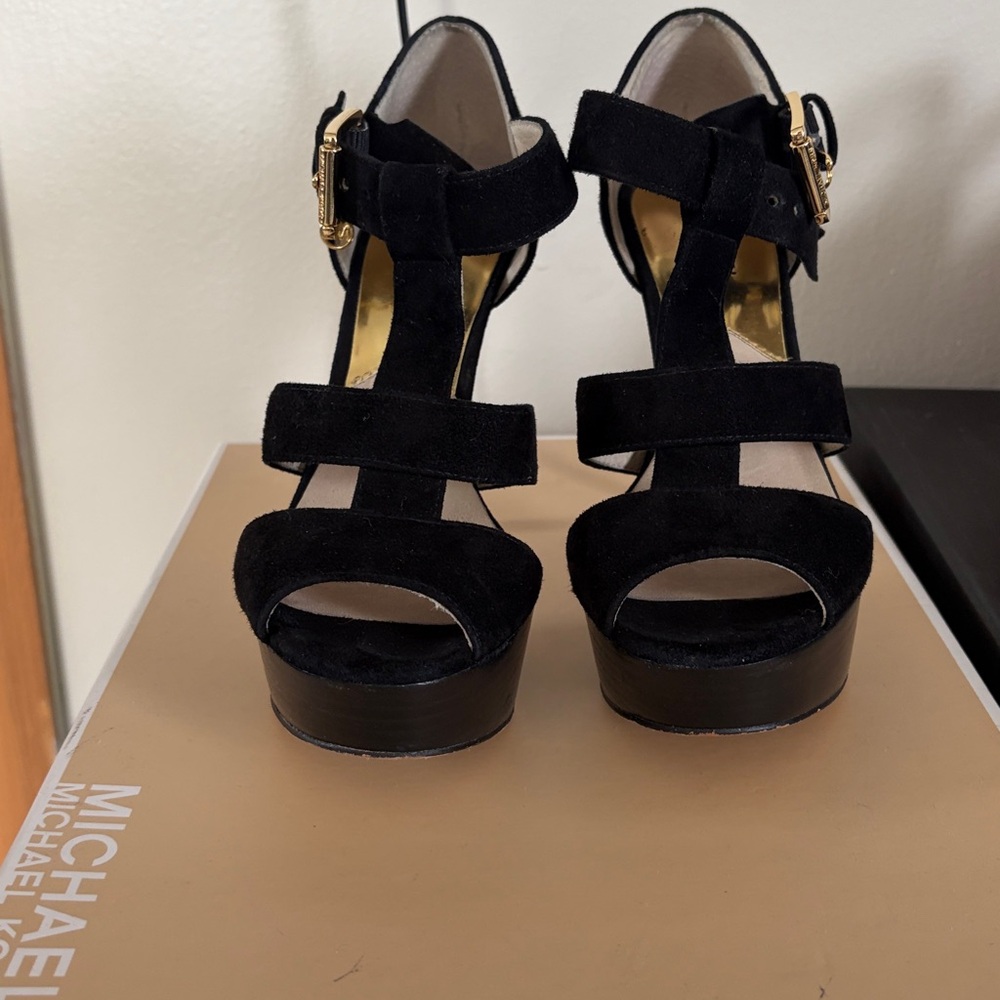 Michael Kors Black Platform Sandals with Gold Accents